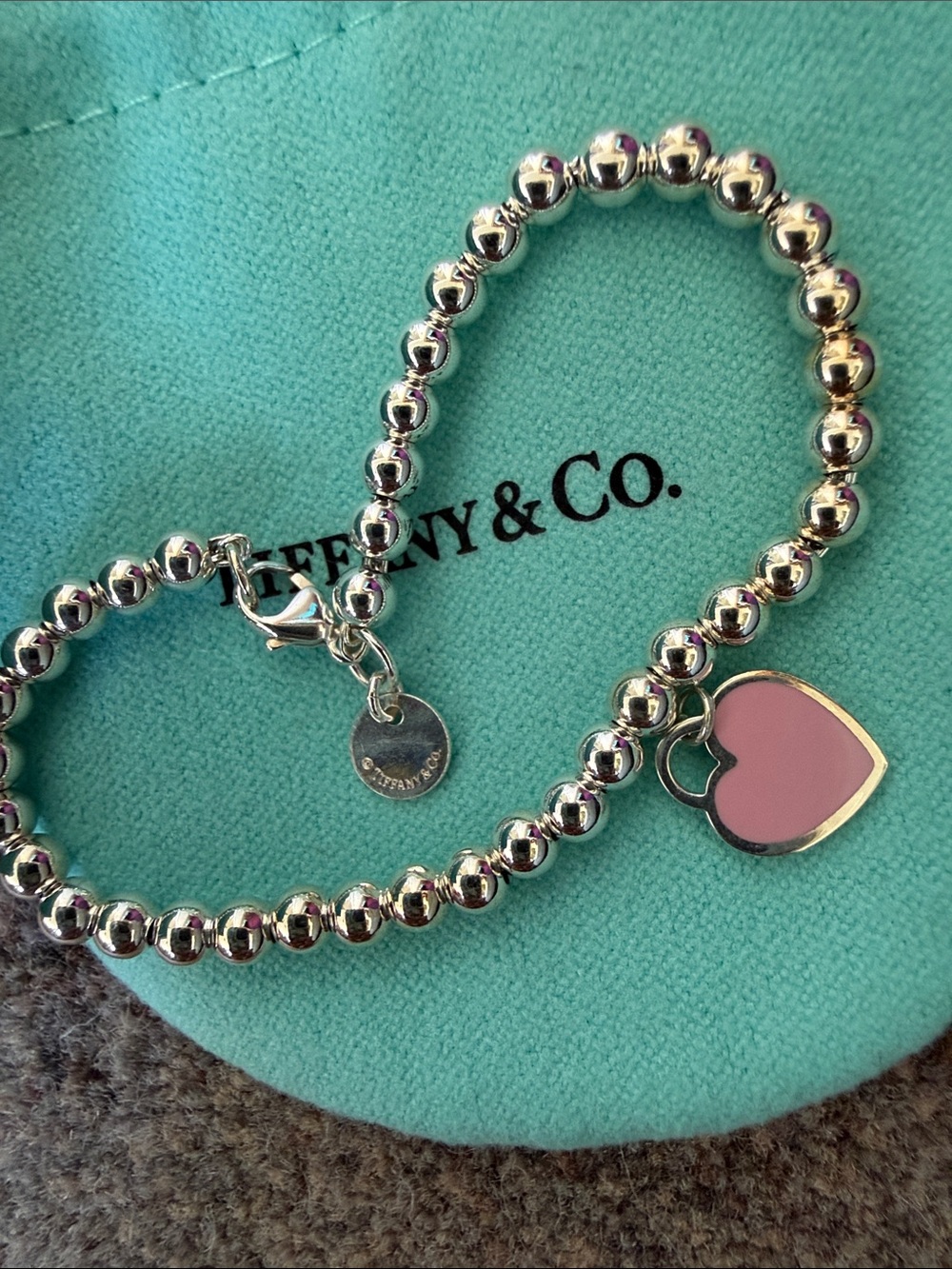 Tiffany & Co. Silver Bead Bracelet with Heart Charm and Tiffany Blue Pouch
